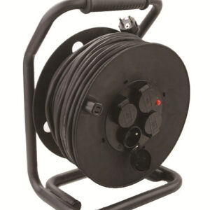 Kabeltrommel, schwarz, 25 m, 4x Schutzkontakt-Steckdose, H07RN-F 3G1,5 mm², mit Klappdeckel