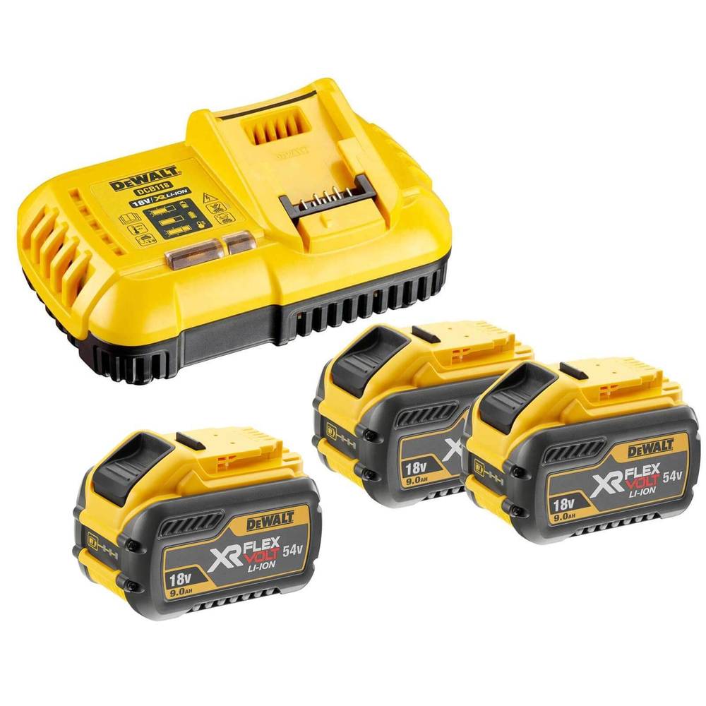 DeWalt 54 Volt / 108 Wh XR FLEXVOLT Akku-Starter-Set, inklusive 3x Akku und 1x Schnellladegerät DCB1