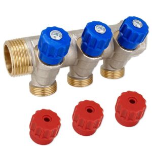Messing-Verteiler 1''IG x 1''AG - 3 Abgänge Eurokonus 3/4''AG - mit Absperrventilen