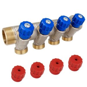 Messing-Verteiler 1''IG x 1''AG - 4 Abgänge Eurokonus 3/4''AG - mit Absperrventilen